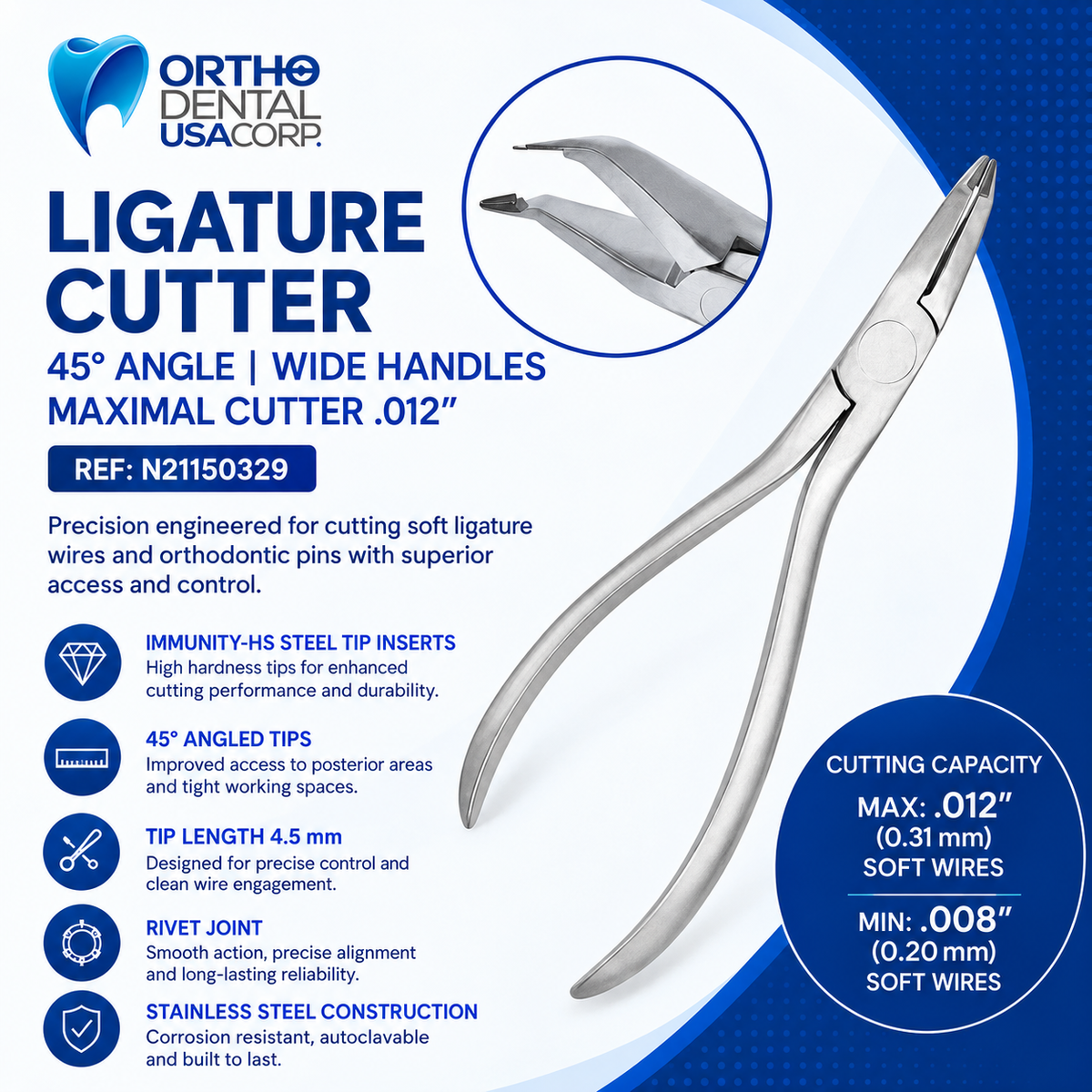 Ligature Cutter 45 degree angle Wide Handles Maximal Cutter .012"