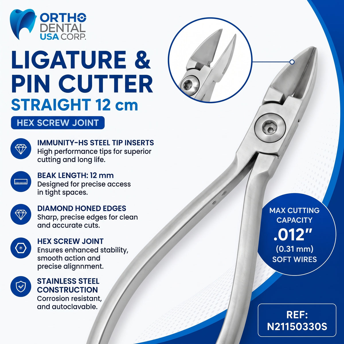 Ligature & Pin Cutter straight 12 cm - Hex Screw Joint - SS
