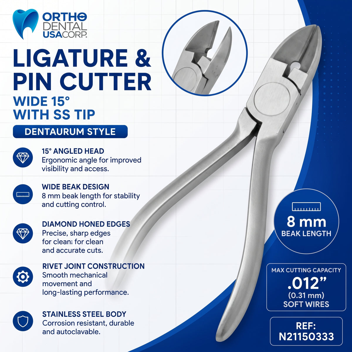 Ligature & Pin Cutter Wide 15 Degrees with SS Tip / Dentaurum Style