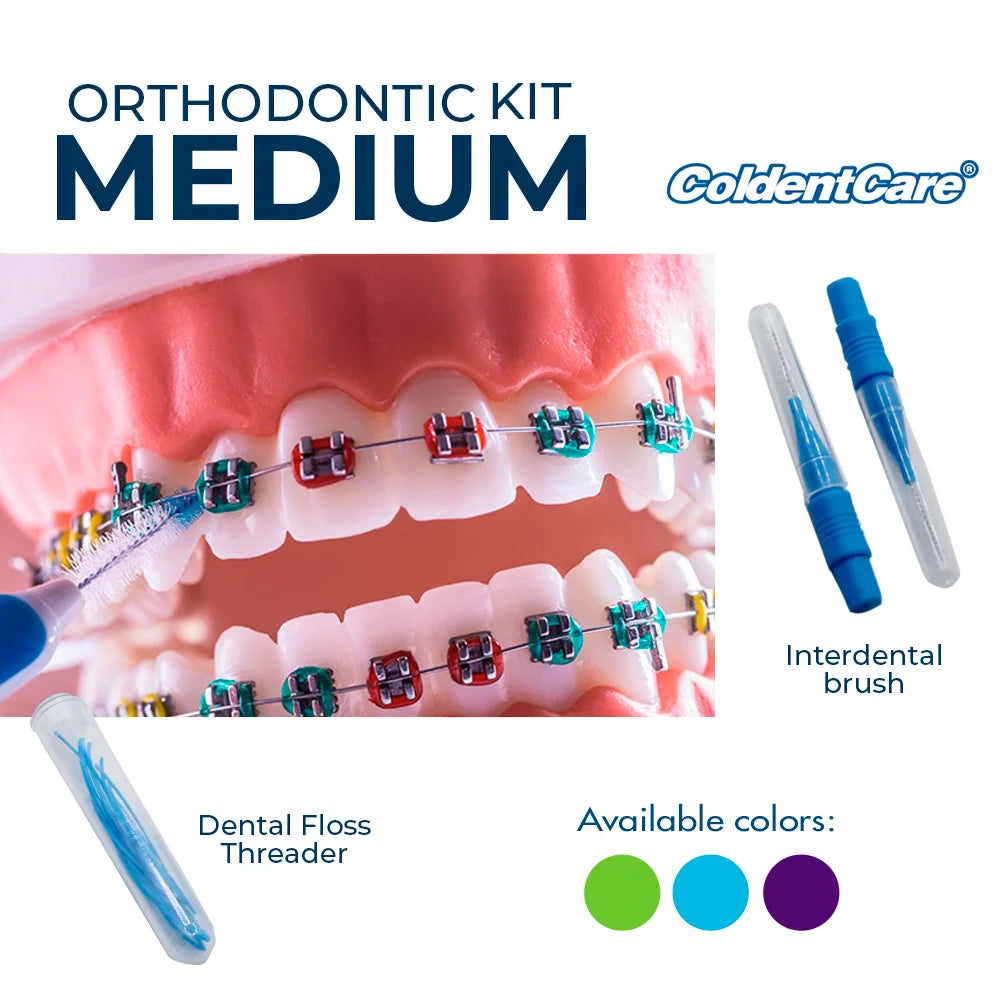 ColdentCare Braces Cleaning Kit - Box x 162 pcs - Portable Orthodontic Toothbrush Kit Medium Oral Care Dental Travel Kit - Includes 2 Interdental Brush, 5 bars of orthodontic Dental Wax, 1 Dental Floss 12m, 13 Dental Floss Threader Multipurpose Case K146