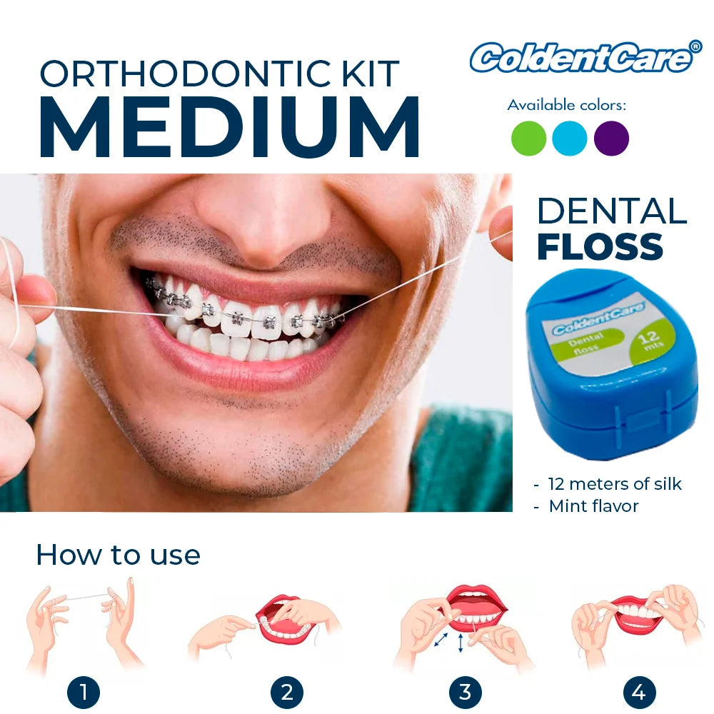 ColdentCare Braces Cleaning Kit - Set x 12 pcs - Portable Orthodontic Toothbrush Kit Medium Oral Care Dental Travel Kit - Includes 2 Interdental Brush, 5 bars of orthodontic Dental Wax, 1 Dental Floss 12m, 13 Dental Floss Threader Multipurpose Case K146