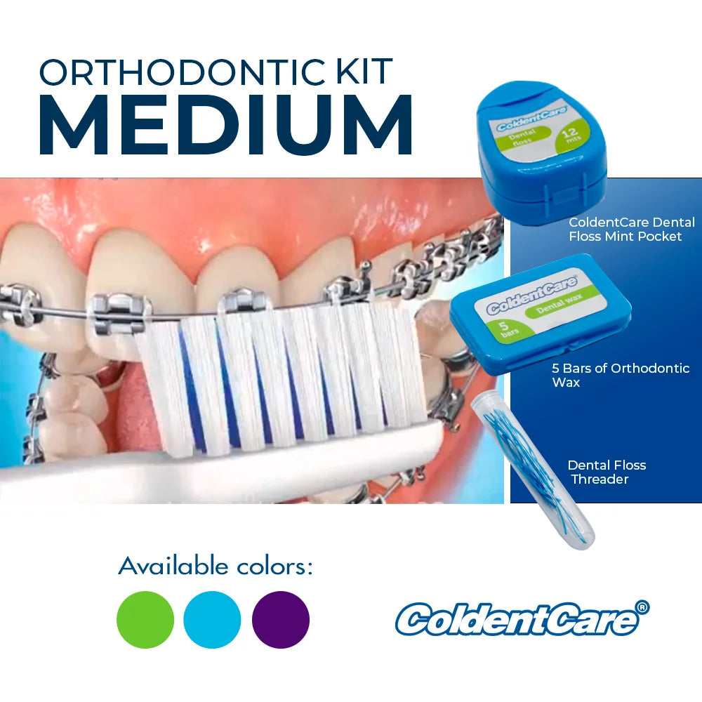 ColdentCare Braces Cleaning Kit - Set x 12 pcs - Portable Orthodontic Toothbrush Kit Medium Oral Care Dental Travel Kit - Includes 2 Interdental Brush, 5 bars of orthodontic Dental Wax, 1 Dental Floss 12m, 13 Dental Floss Threader Multipurpose Case K146
