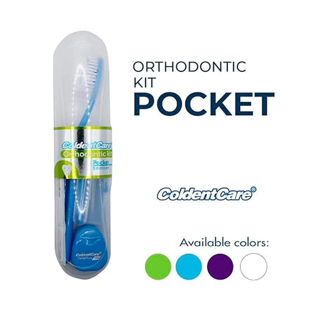 ColdentCare Orthodontic Kit Pocket - Set x 12 pcs - Compact and Complete Oral Care Set with Toothbrush, Floss, Wax, Threaders, Interdental Brush, and Case