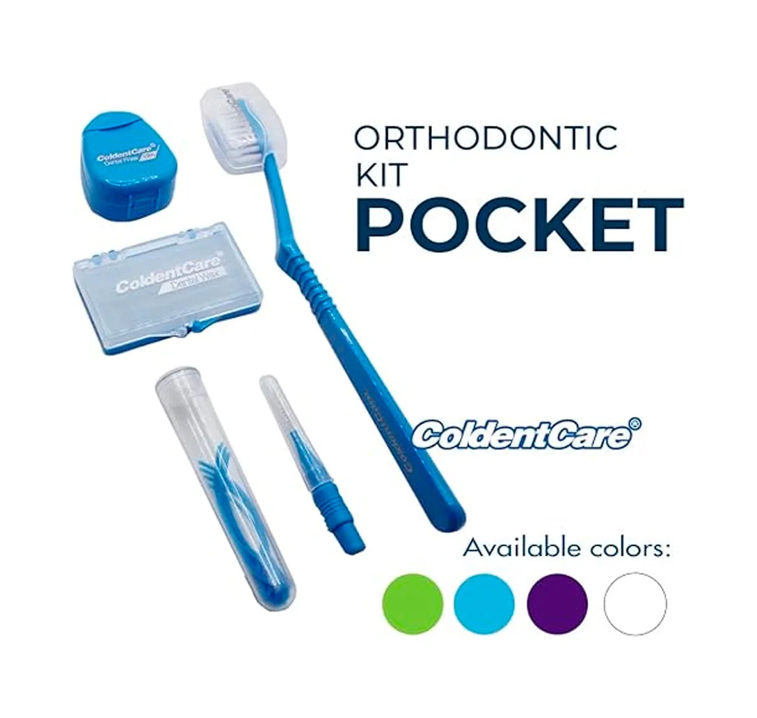 ColdentCare Orthodontic Kit Pocket - Set x 12 pcs - Compact and Complete Oral Care Set with Toothbrush, Floss, Wax, Threaders, Interdental Brush, and Case
