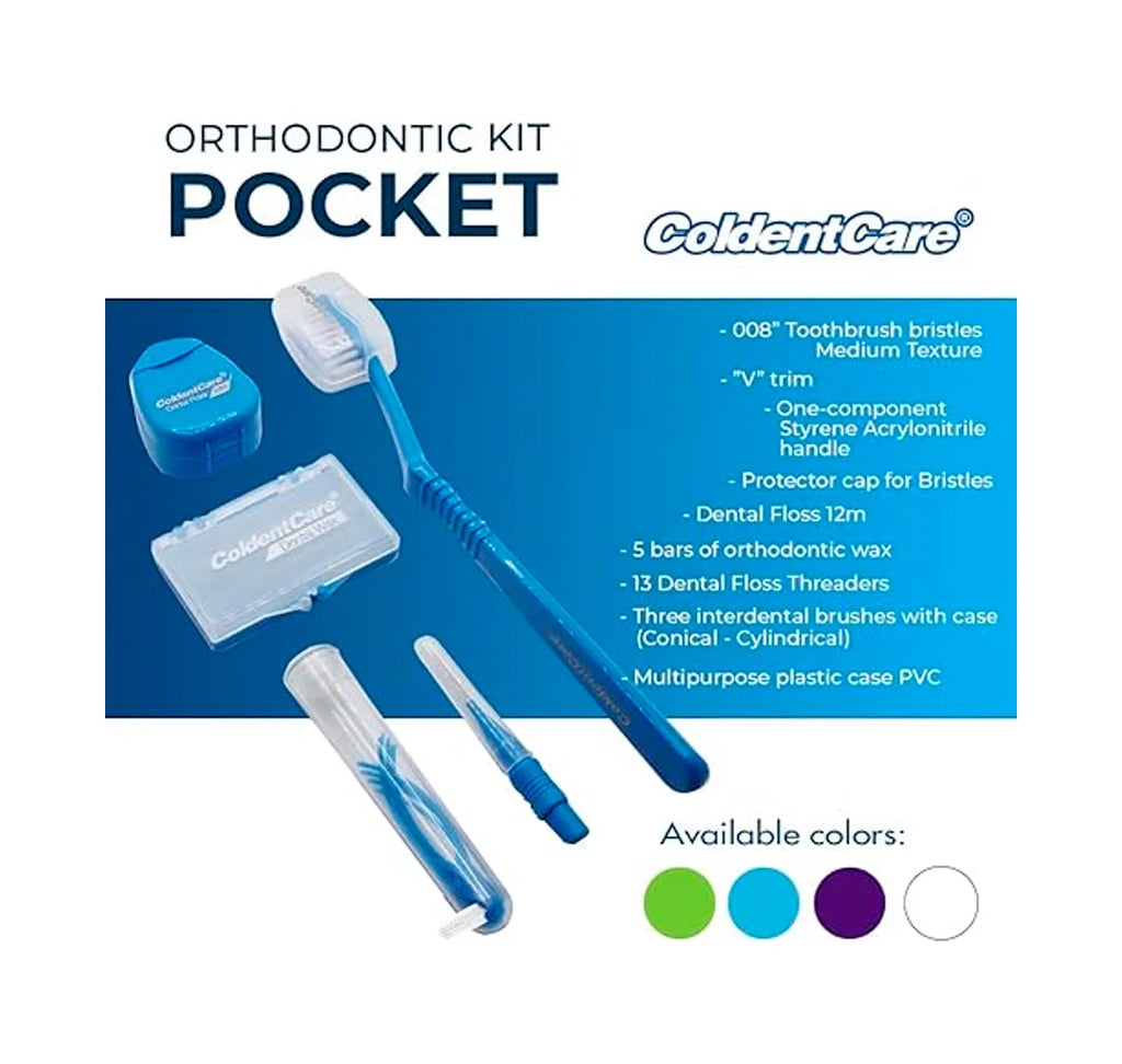 ColdentCare Orthodontic Kit Pocket - Set x 12 pcs - Compact and Complete Oral Care Set with Toothbrush, Floss, Wax, Threaders, Interdental Brush, and Case