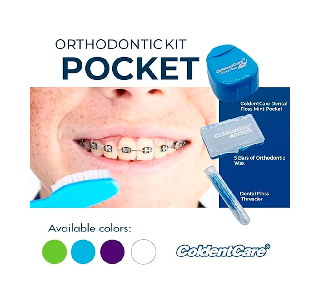 ColdentCare Orthodontic Kit Pocket - Set x 12 pcs - Compact and Complete Oral Care Set with Toothbrush, Floss, Wax, Threaders, Interdental Brush, and Case