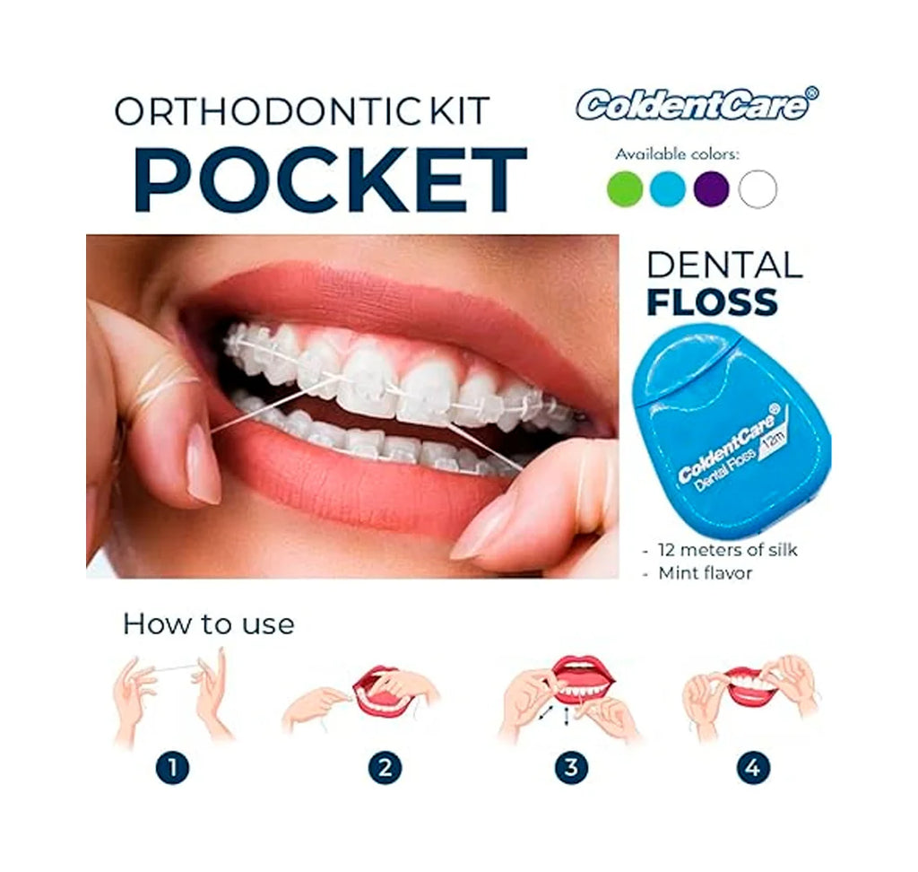 ColdentCare Orthodontic Kit Pocket - Set x 12 pcs - Compact and Complete Oral Care Set with Toothbrush, Floss, Wax, Threaders, Interdental Brush, and Case
