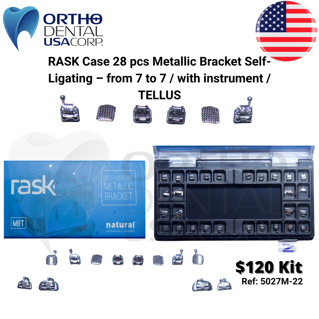 RASK Case 28 pcs Metallic Bracket Self-Ligating – from 7 to 7 / with instrument / TELLUS