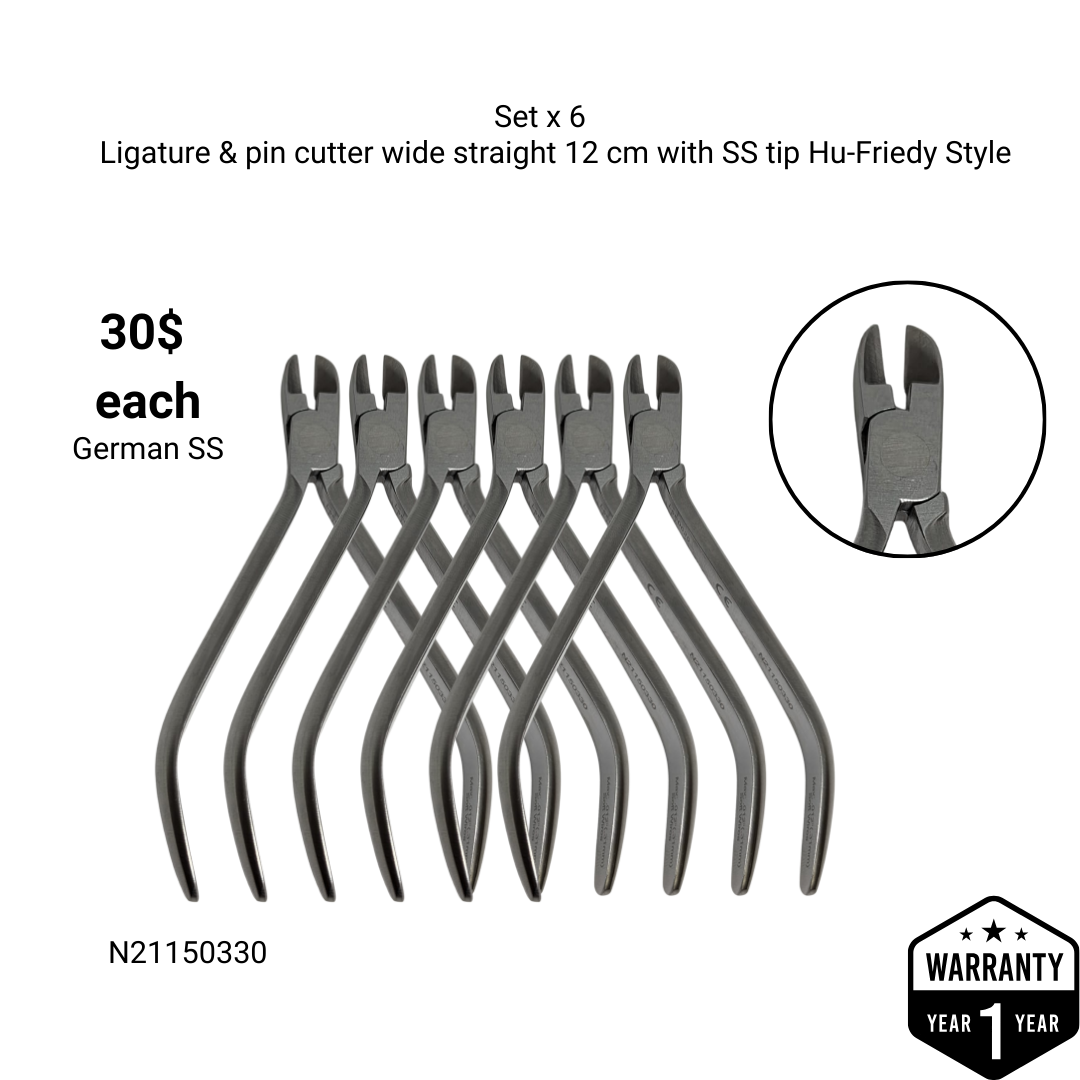 Set x 6 Orthodontic Ligature & Pin Cutters – Wide Straight 12 cm with SS Tip – Hu-Friedy Style/One-Year Warranty - Made for The USA by Premium Orthodontics - Orthodentalusa Corp. N21150330