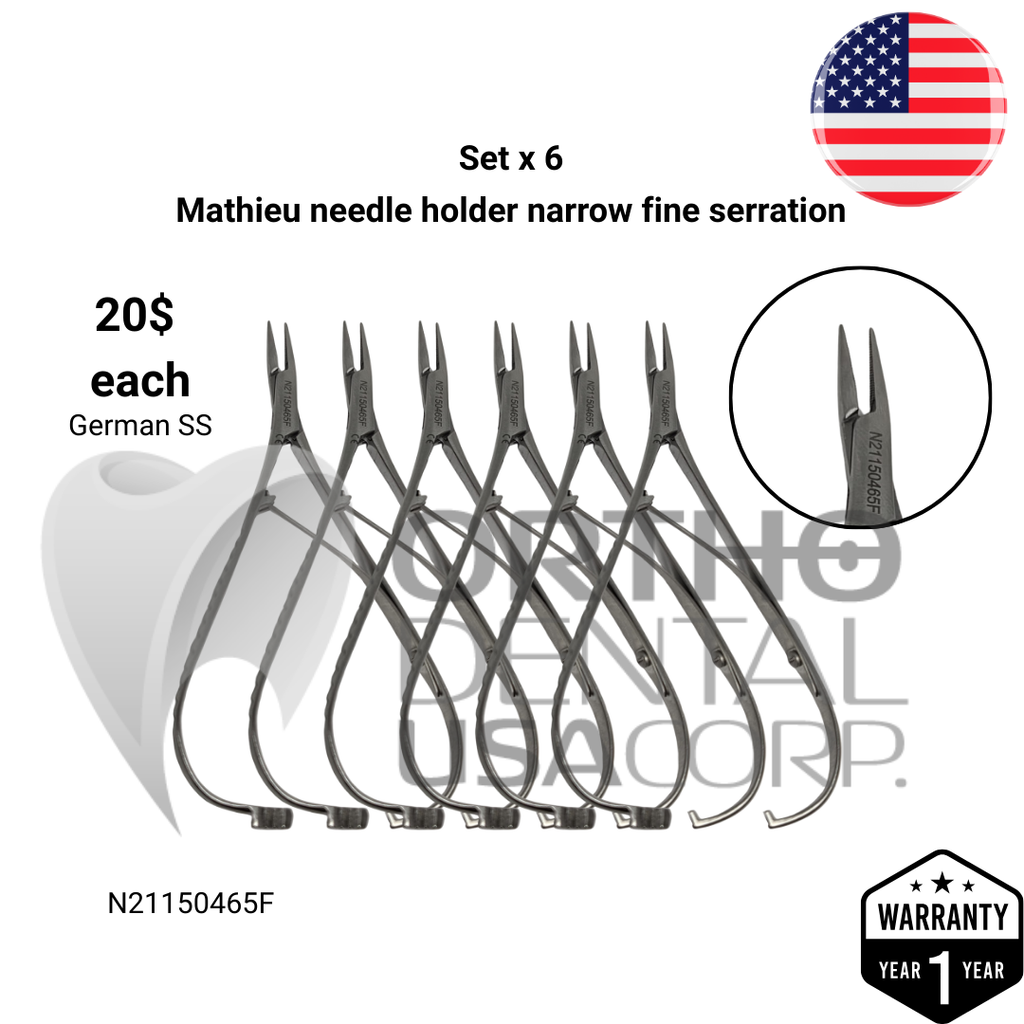 Set x 6 Orthodontic Dental Mathieu Needle Holders – Narrow Fine Serration/ORMCO Style/One-Year Warranty - Made for The USA by Premium Orthodontics - Orthodentalusa Corp. (N21150465F)