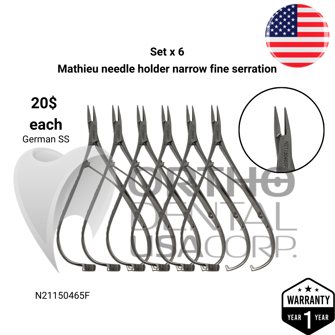 Set x 6 Orthodontic Dental Mathieu Needle Holders – Narrow Fine Serration/ORMCO Style/One-Year Warranty - Made for The USA by Premium Orthodontics - Orthodentalusa Corp. (N21150465F)