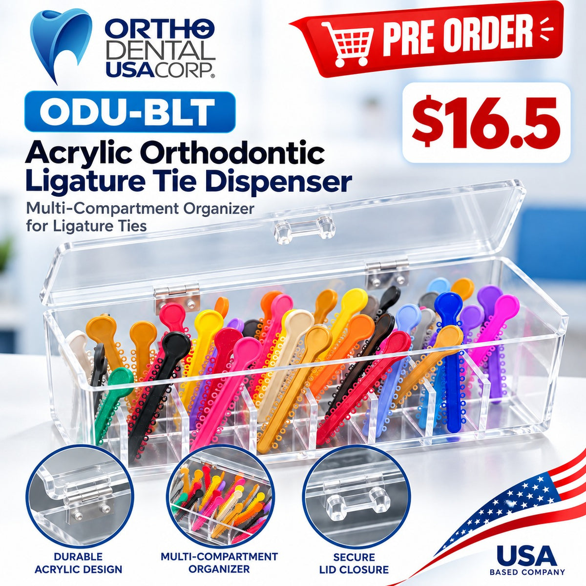 Acrylic Orthodontic Ligature Tie Dispenser ODU-BLT Elastomeric NOT included