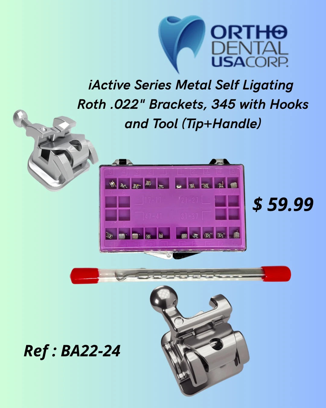 Active Metal Self-Ligating MTB .022" Brackets, 345 with hooks BA-32-24