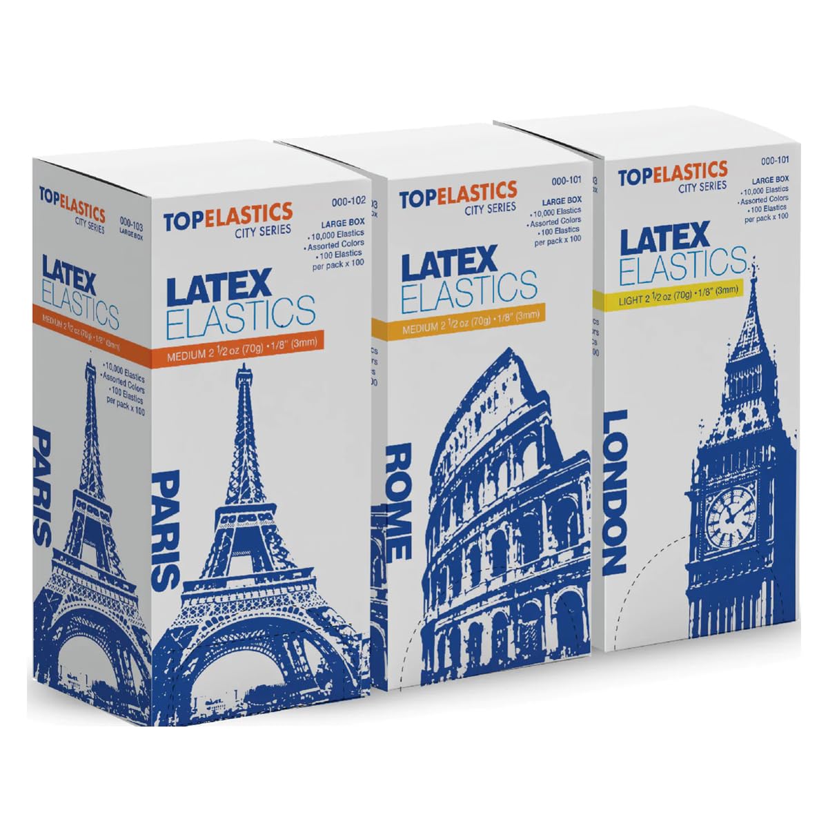 Orthodontic Intraoral Elastic - 50 bag x 100pcs - 1/8" Medium 4.5oz - 3mm / Surgical latex PARIS, 5000 pcs per box, packaged in resealable poly bags - Made in USA - Orthodentalusa Corp.