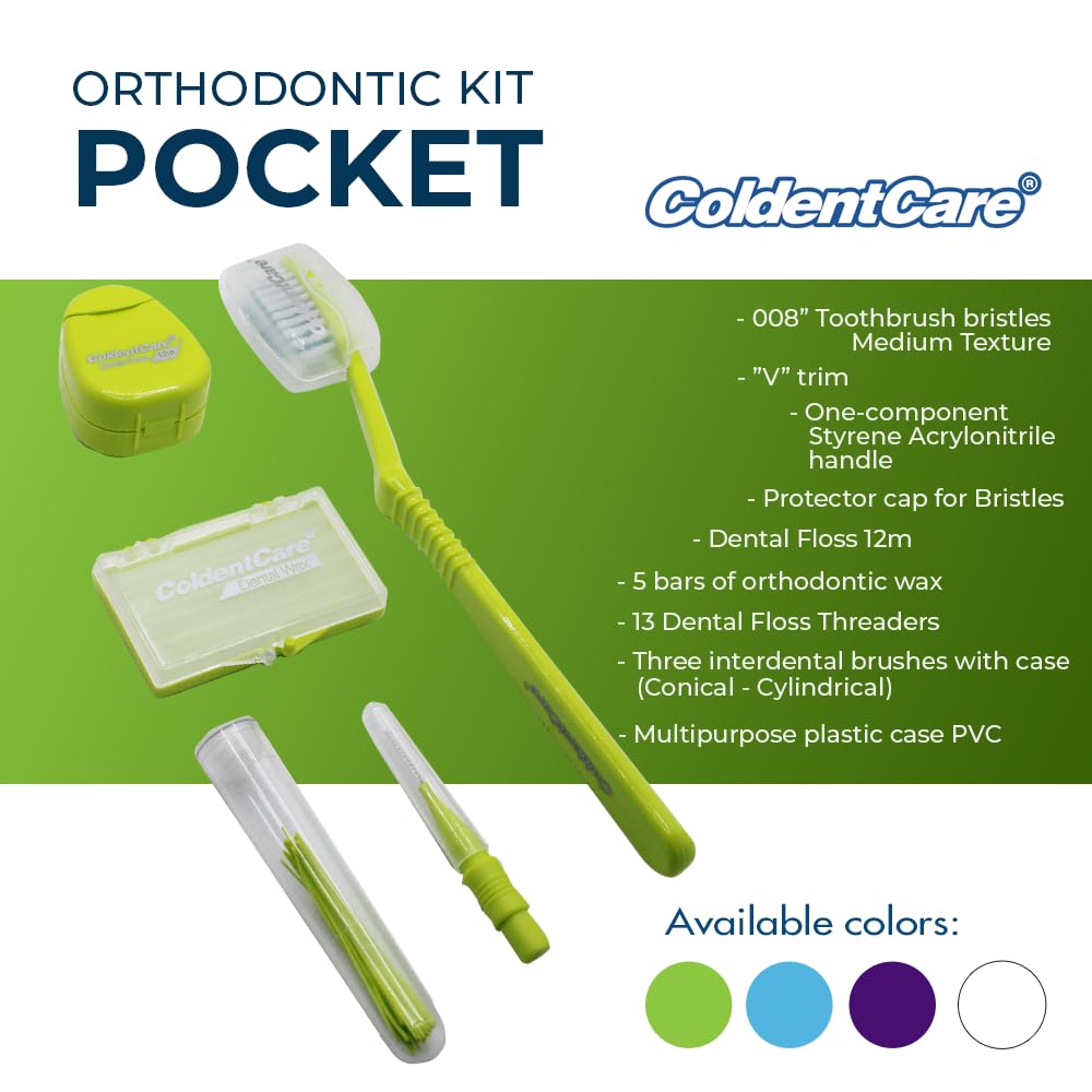 ColdentCare Orthodontic Kit Pocket - Compact and Complete Oral Care Set with Toothbrush, Floss, Wax, Threaders, Interdental Brush, and Case - Available in Clear, Blue, Green, Purple(Green)