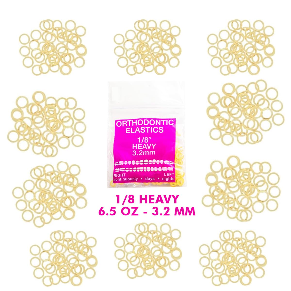 Orthodontic Intraoral Elastics 10 bag x 100pcs - Heavy 1/8" 6.5 oz – 3.2mm, Surgical Latex - 1000pcs, Dental natural material - Made in USA - Orthodentalusa Corp.