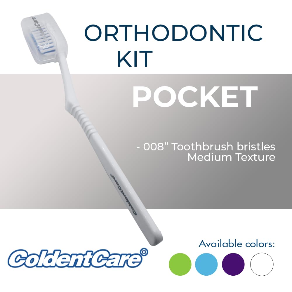 ColdentCare Orthodontic Kit Pocket - Compact and Complete Oral Care Set with Toothbrush, Floss, Wax, Threaders, Interdental Brush, and Case - Available in Clear, Blue, Green, Purple(Clear)