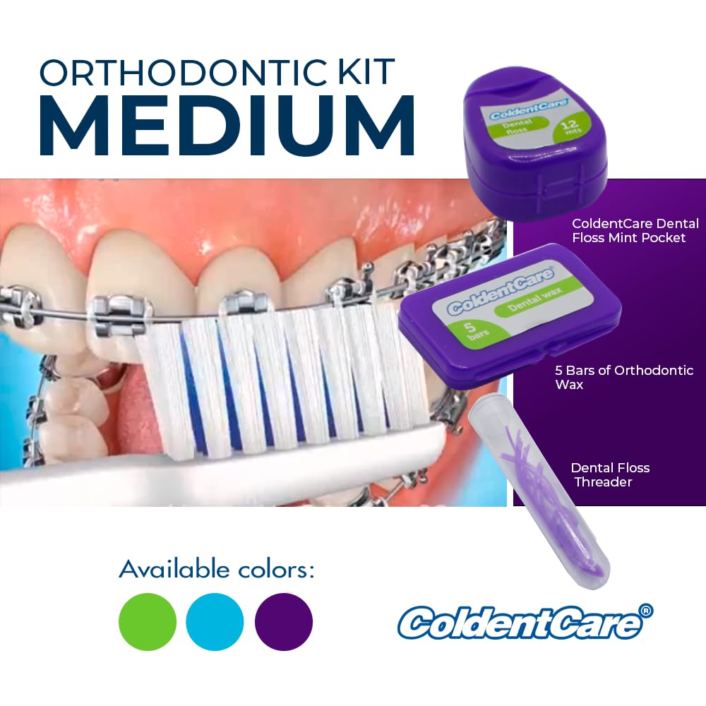 Braces Cleaning Kit for Teeth, Portable Orthodontic Toothbrush Kit Oral Care Dental Travel - 2 Interdental Brush, 5 Bars of Wax, 1 Dental Floss 12m, 13 Dental Floss Threader Multipurpose case(Purple)