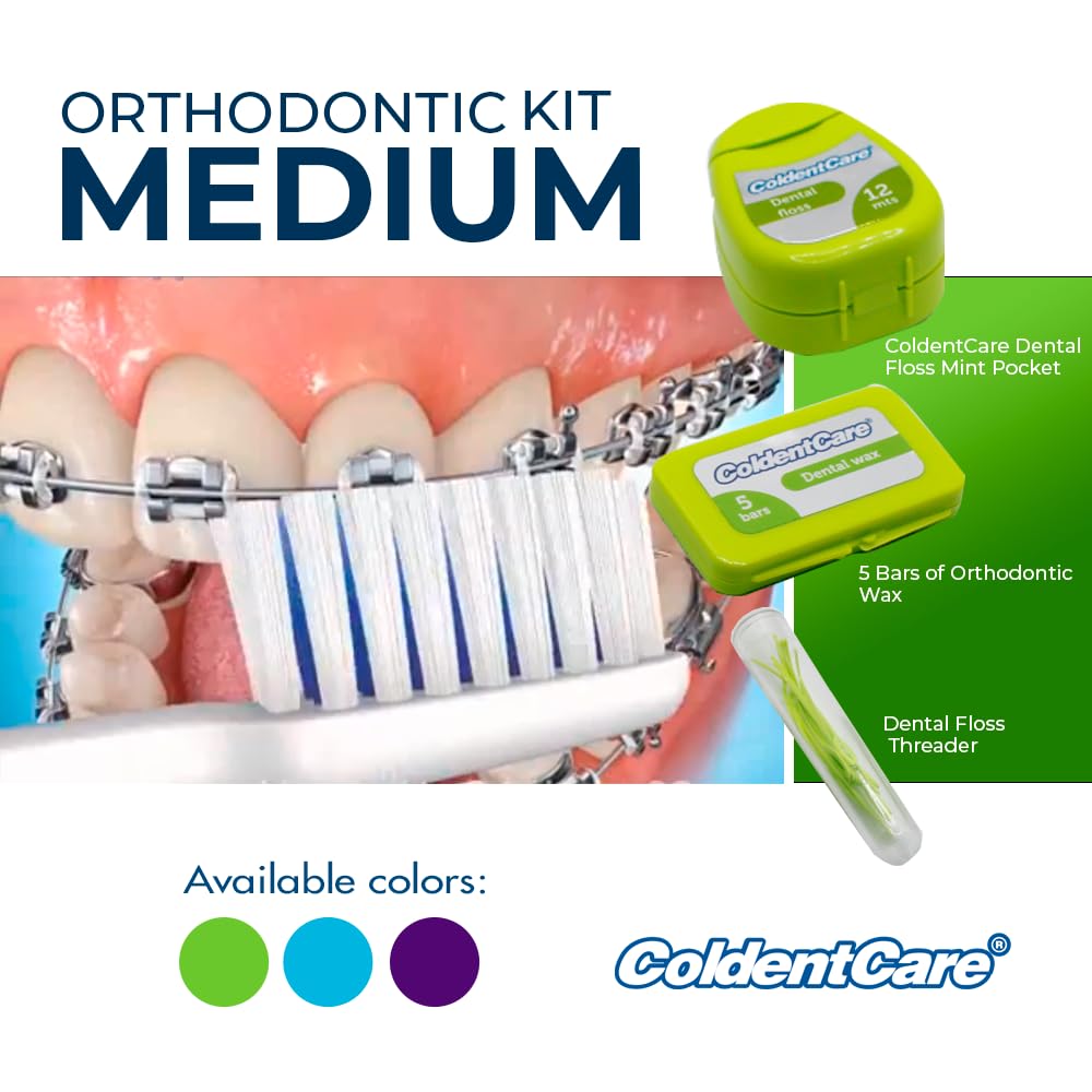ColdentCare Braces Cleaning Kit for Teeth, Portable Orthodontic Toothbrush Kit Medium Oral Care Dental Travel Kit - Includes 2 Interdental Brush, 5 bars of orthodontic Dental Wax, 1 Dental Floss 12m, 13 Dental Floss Threader Multipurpose plastic case