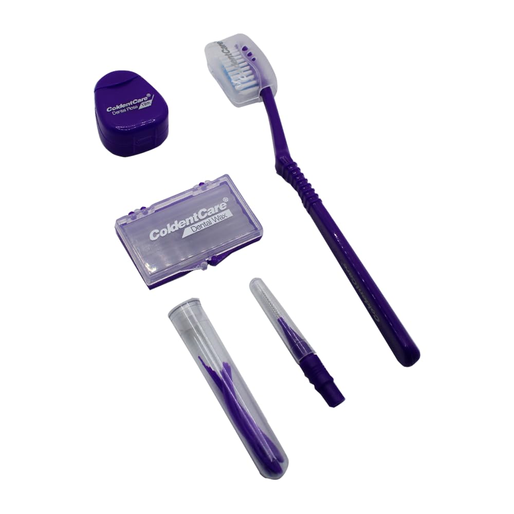 ColdentCare Orthodontic Kit Pocket - Compact and Complete Oral Care Set with Toothbrush, Floss, Wax, Threaders, Interdental Brush, and Case - Available in Clear, Blue, Green, Purple(Purple)