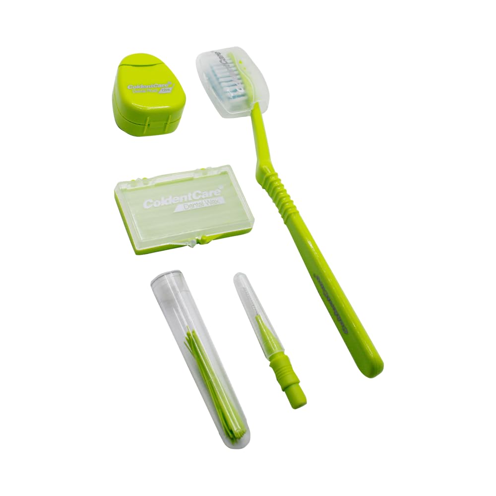ColdentCare Orthodontic Kit Pocket - Compact and Complete Oral Care Set with Toothbrush, Floss, Wax, Threaders, Interdental Brush, and Case - Available in Clear, Blue, Green, Purple(Green)