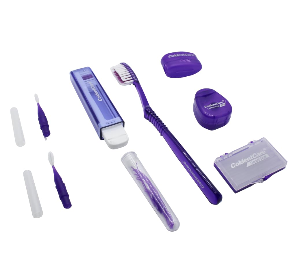 ColdentCare Orthodontic Oral Care Kit for Cleaning Brackets Braces, Includes Toothbrush and Cap, Travel Toothbrush, Dental Floss 12m, Dental Wax, Floss threaders, Interdental Toothbrush. Case(Purple)