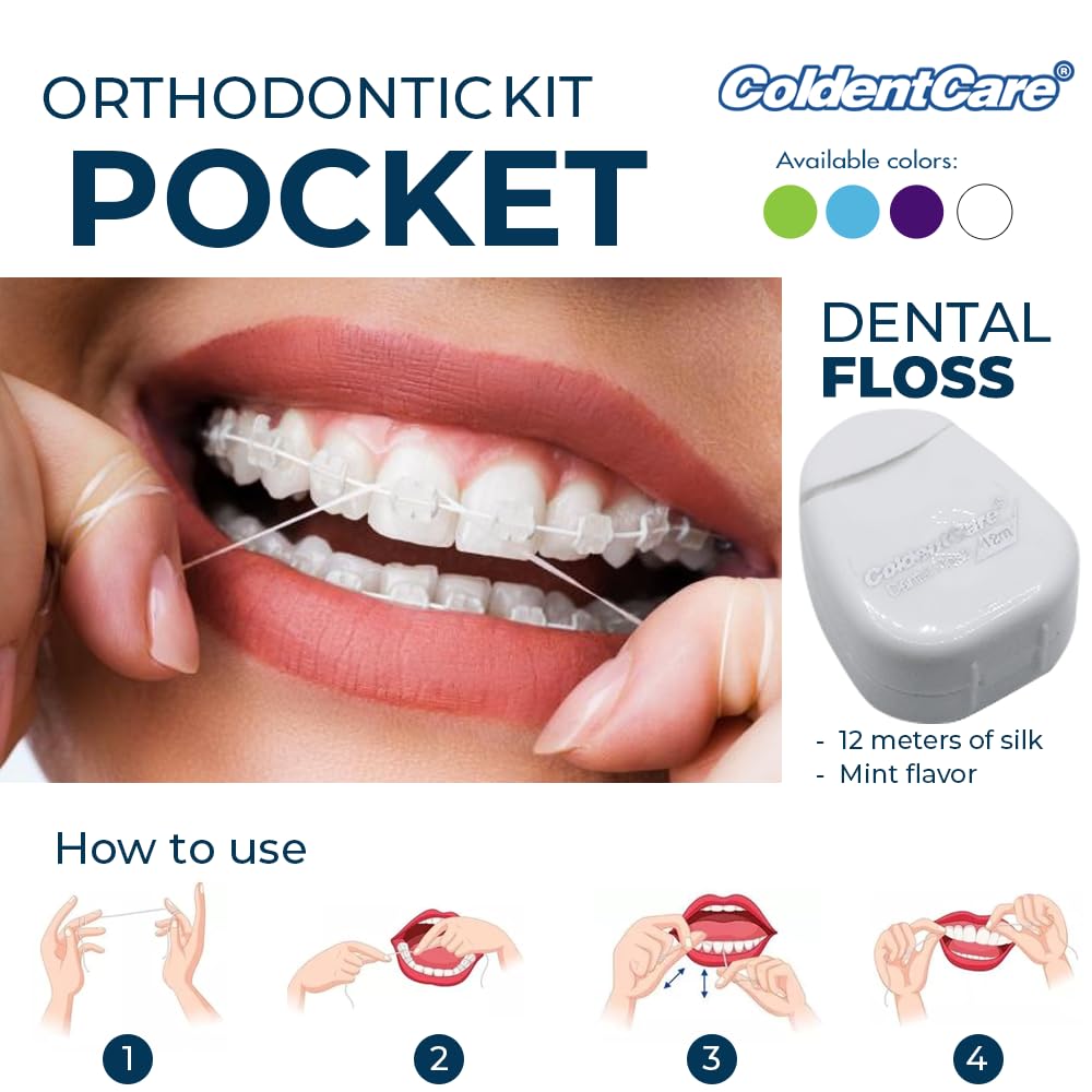 ColdentCare Orthodontic Kit Pocket - Compact and Complete Oral Care Set with Toothbrush, Floss, Wax, Threaders, Interdental Brush, and Case - Available in Clear, Blue, Green, Purple(Clear)