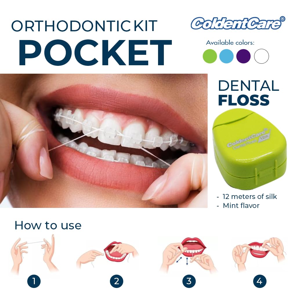 ColdentCare Orthodontic Kit Pocket - Compact and Complete Oral Care Set with Toothbrush, Floss, Wax, Threaders, Interdental Brush, and Case - Available in Clear, Blue, Green, Purple(Green)