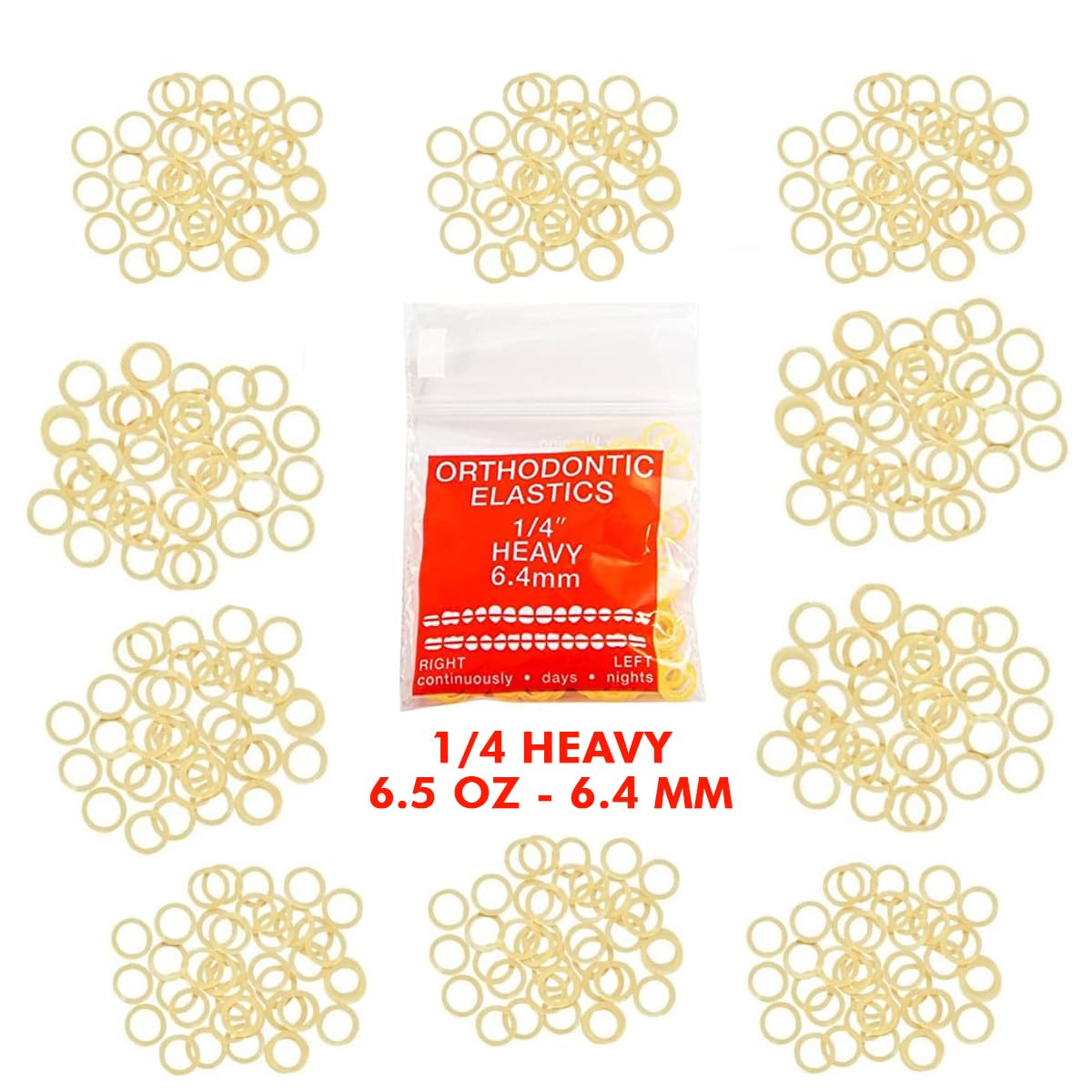 Orthodontic Intraoral Elastics - 10 bag x 1000pcs - Heavy 1/4" 6.5 oz – 6.4mm, Surgical Latex - 1000pcs, Dental natural material - Made in USA - Orthodentalusa Corp.