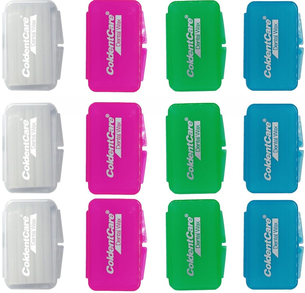 Orthodontic Braces Wax, 60 premium wax strips ColdentCare - Dental Wax for Braces and Aligners Wax Strips, Multicolor cases, 12 Pack with storage case, Light Mint Scent.