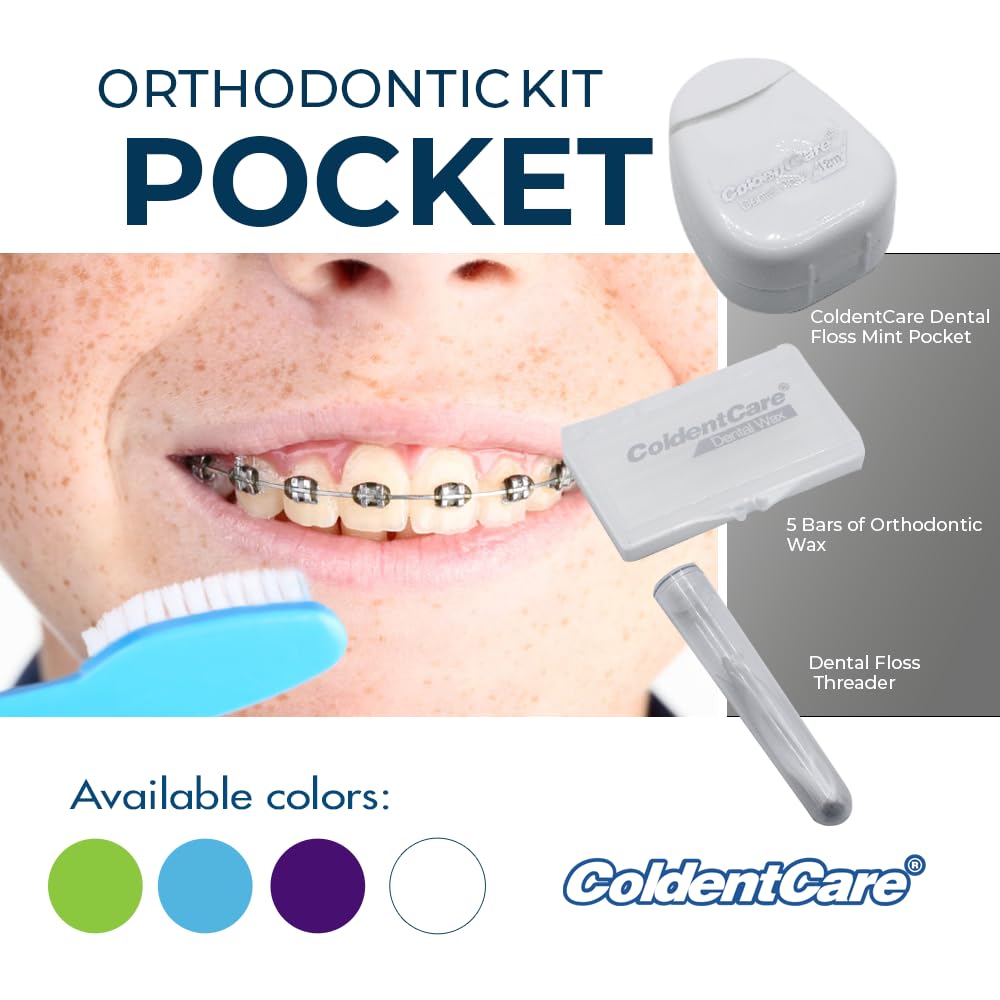 ColdentCare Orthodontic Kit Pocket - Compact and Complete Oral Care Set with Toothbrush, Floss, Wax, Threaders, Interdental Brush, and Case - Available in Clear, Blue, Green, Purple(Clear)