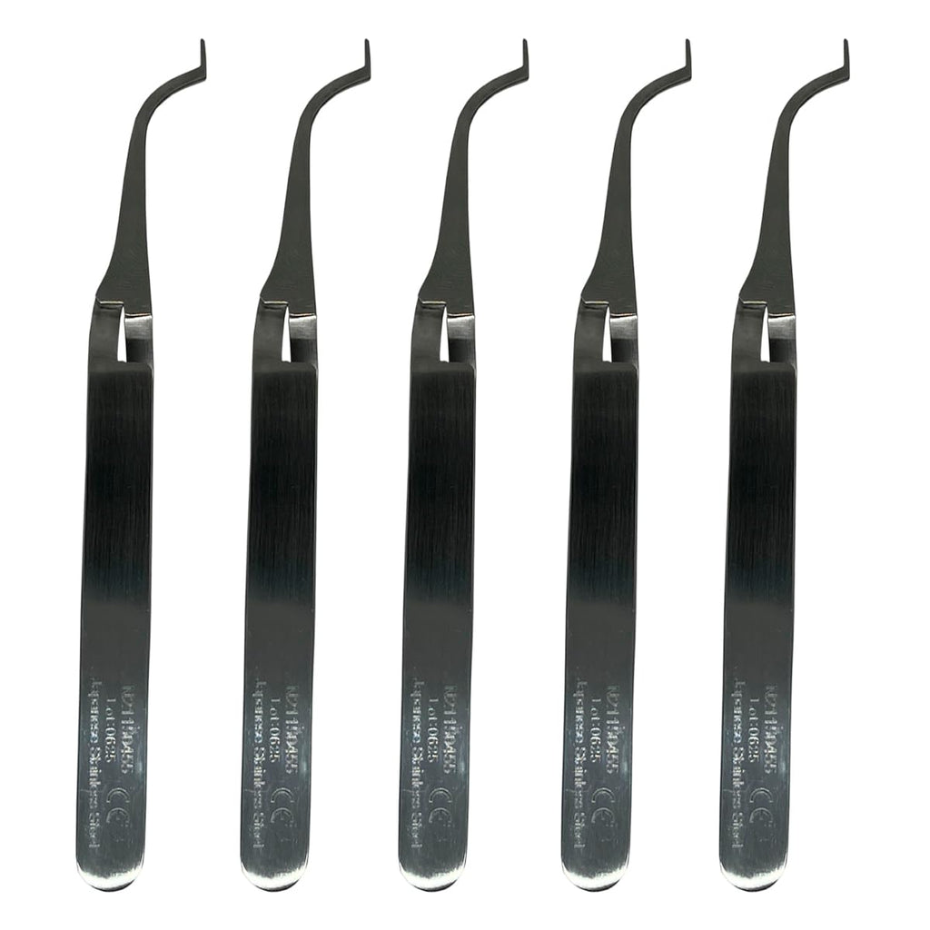 Set x 5 Orthodontic Dental Buccal Tube Tweezers – Cross Action Slim, Anatomically-Shaped Tips – Japanese Steel – Premium Orthodontics – One Year Warranty – Ships from USA – Made by Orthodentalusa Corp