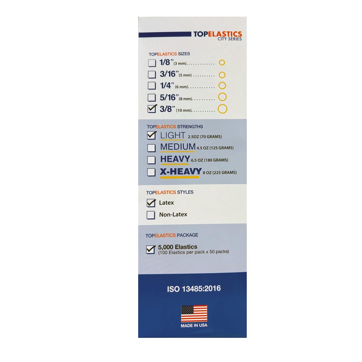 Orthodontic Intraoral Elastic - 50 bag x 100pcs - 3/8" Light 2.5oz - 10mm / Surgical latex ATHENAS, 5000 pcs per box, packaged in resealable poly bags - Made in USA - Orthodentalusa Corp.