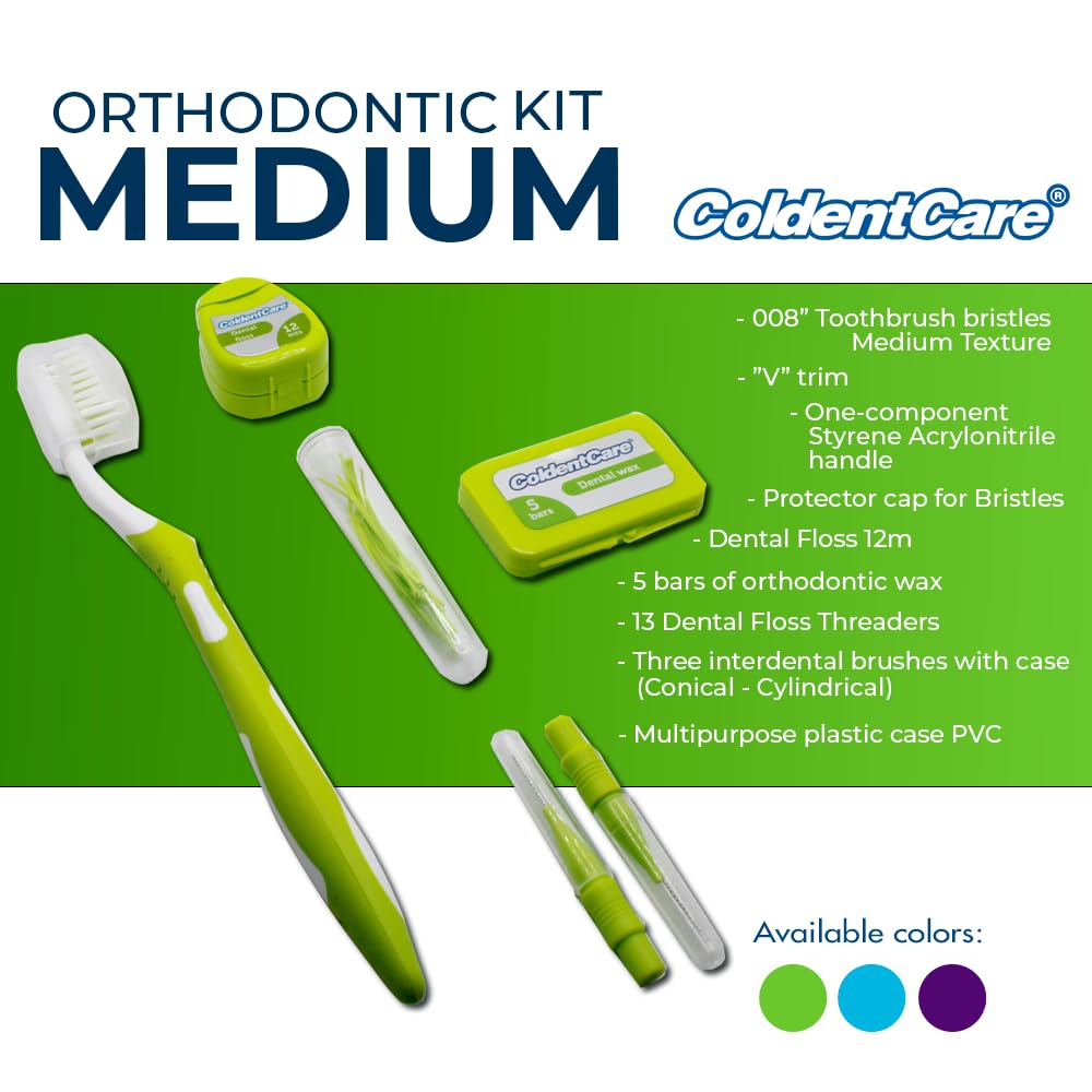 ColdentCare Braces Cleaning Kit for Teeth, Portable Orthodontic Toothbrush Kit Medium Oral Care Dental Travel Kit - Includes 2 Interdental Brush, 5 bars of orthodontic Dental Wax, 1 Dental Floss 12m, 13 Dental Floss Threader Multipurpose plastic case