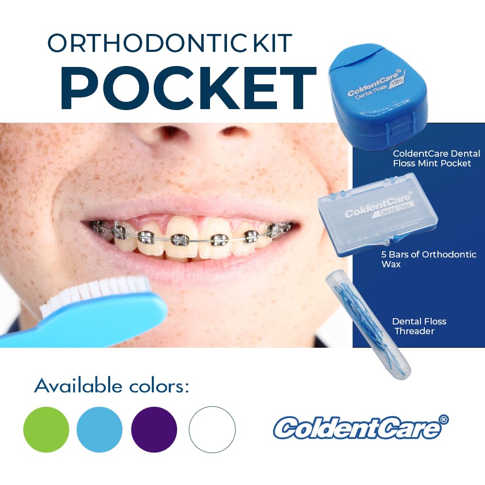 ColdentCare Orthodontic Kit Pocket - Compact and Complete Oral Care Set with Toothbrush, Floss, Wax, Threaders, Interdental Brush, and Case - Available in Clear, Blue, Green, Purple(Blue)