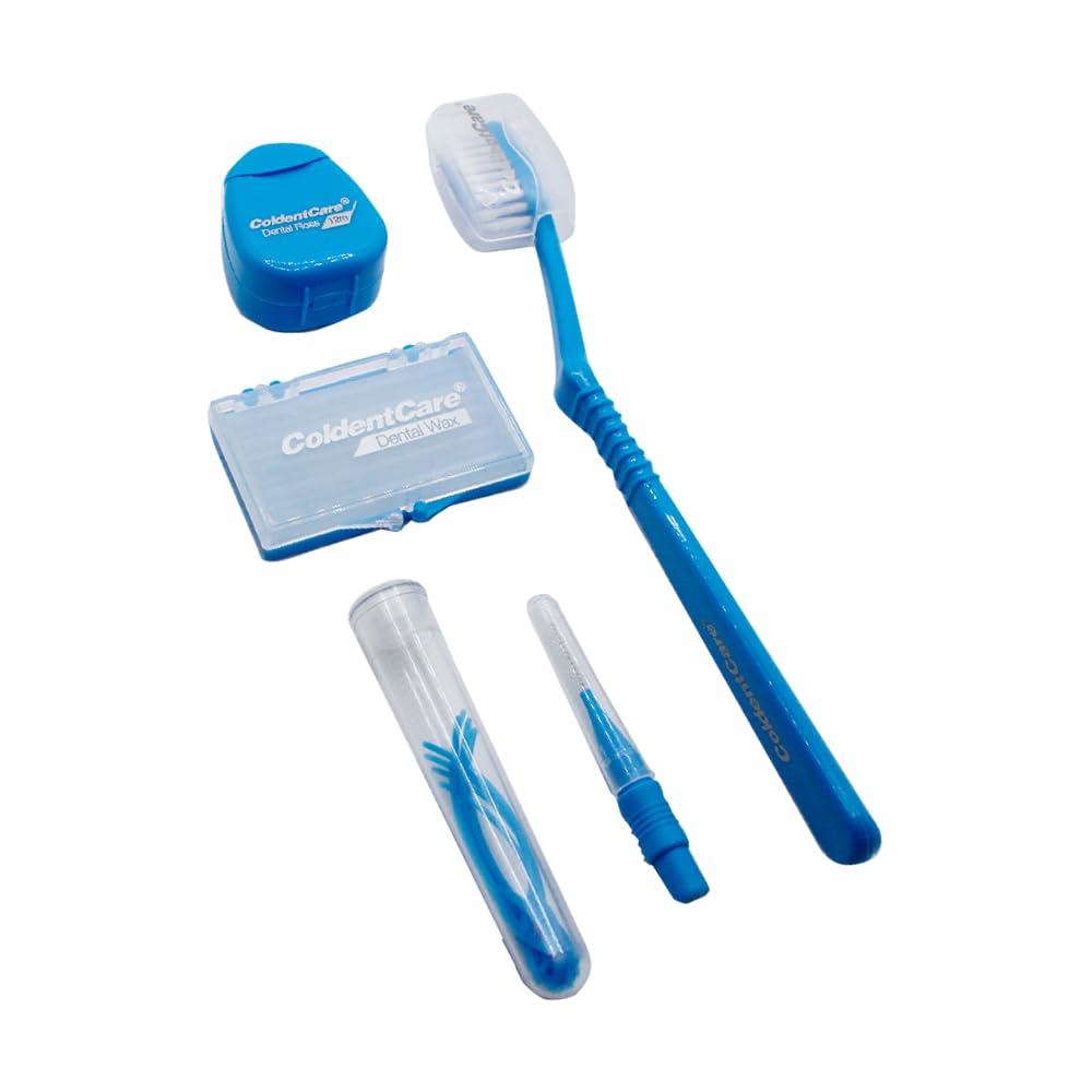 ColdentCare Orthodontic Kit Pocket - Compact and Complete Oral Care Set with Toothbrush, Floss, Wax, Threaders, Interdental Brush, and Case - Available in Clear, Blue, Green, Purple(Blue)