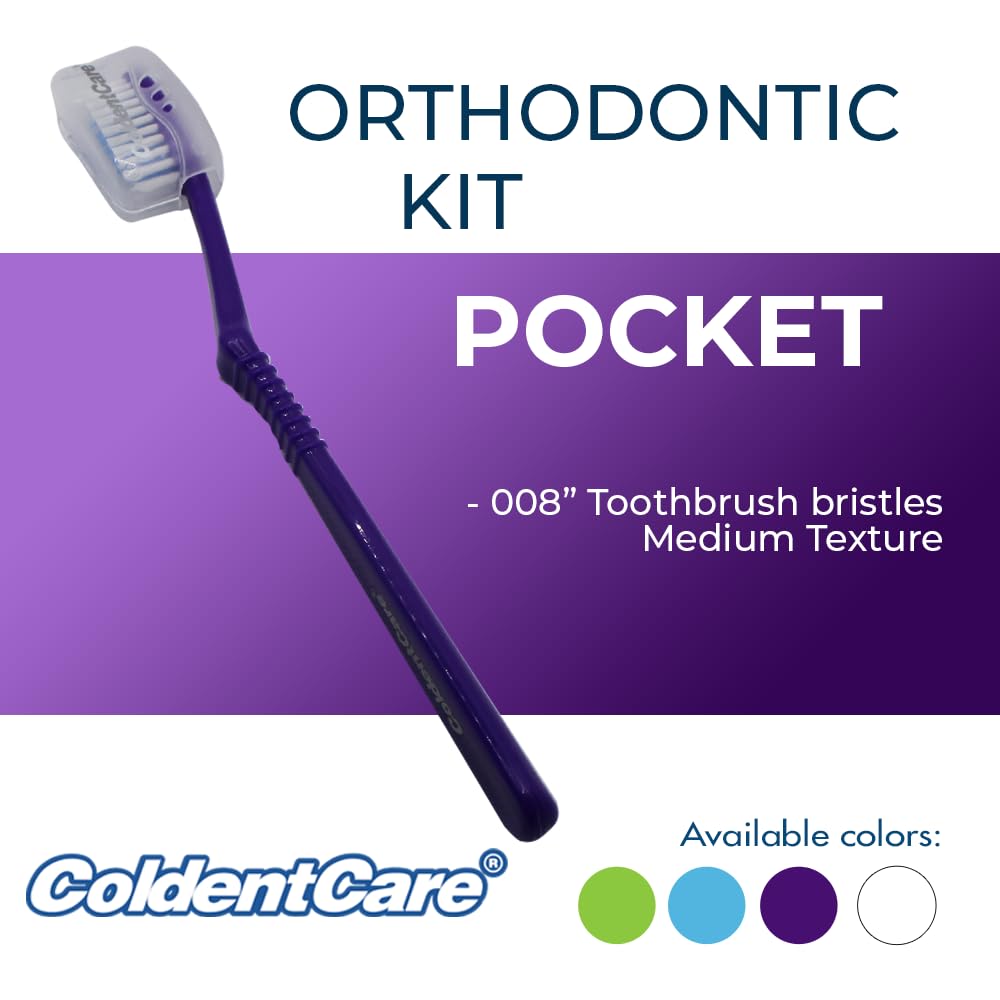 ColdentCare Orthodontic Kit Pocket - Compact and Complete Oral Care Set with Toothbrush, Floss, Wax, Threaders, Interdental Brush, and Case - Available in Clear, Blue, Green, Purple Free Shipping