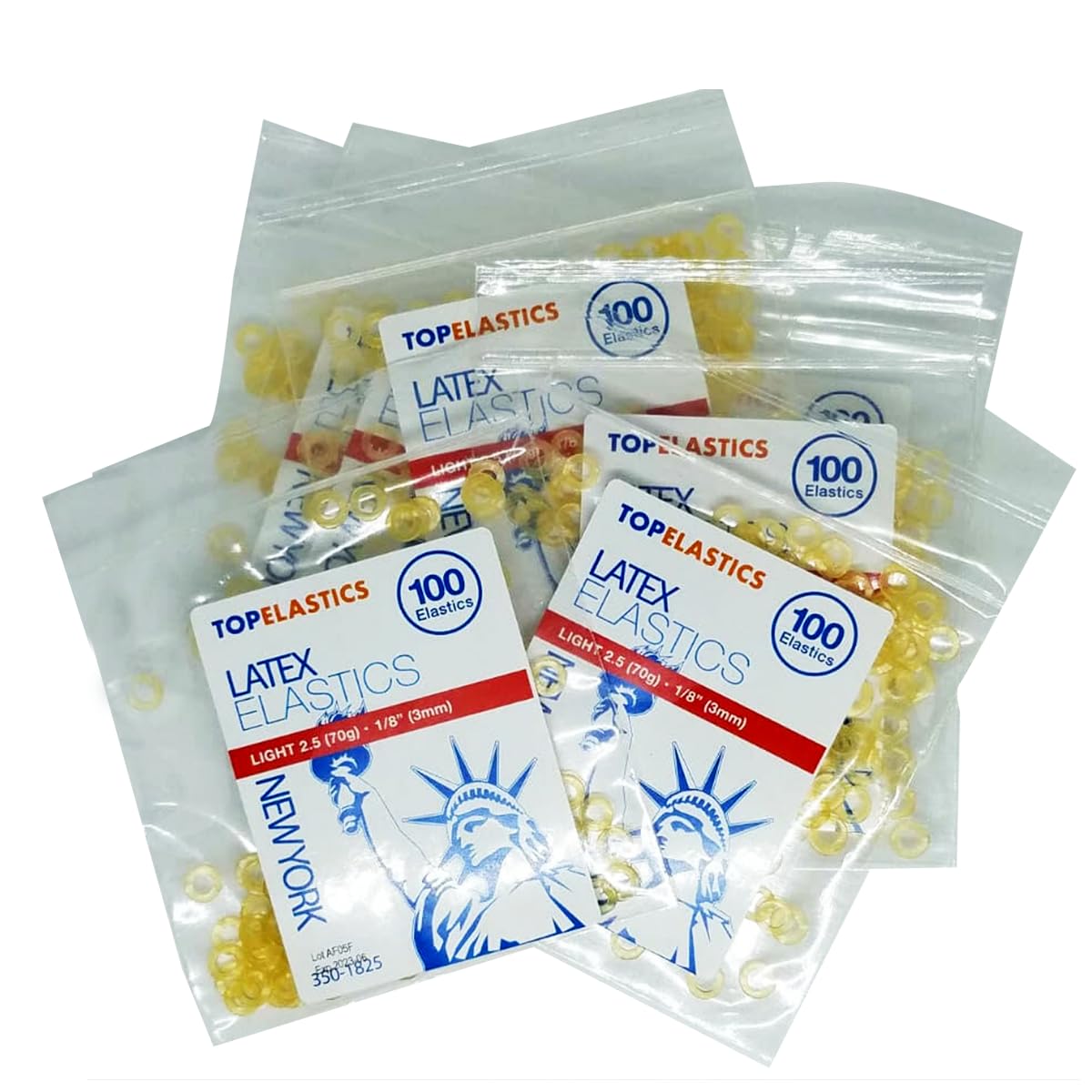 Orthodontic Intraoral Elastic - 50 bag x 100pcs - 1/8" Light 2.5oz - 3mm / Surgical latex NEW YORK, 5000 pcs per box, packaged in resealable poly bags - Made in USA - Orthodentalusa Corp.