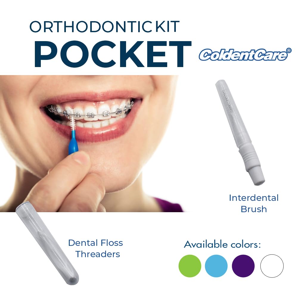 ColdentCare Orthodontic Kit Pocket - Compact and Complete Oral Care Set with Toothbrush, Floss, Wax, Threaders, Interdental Brush, and Case - Available in Clear, Blue, Green, Purple(Clear)