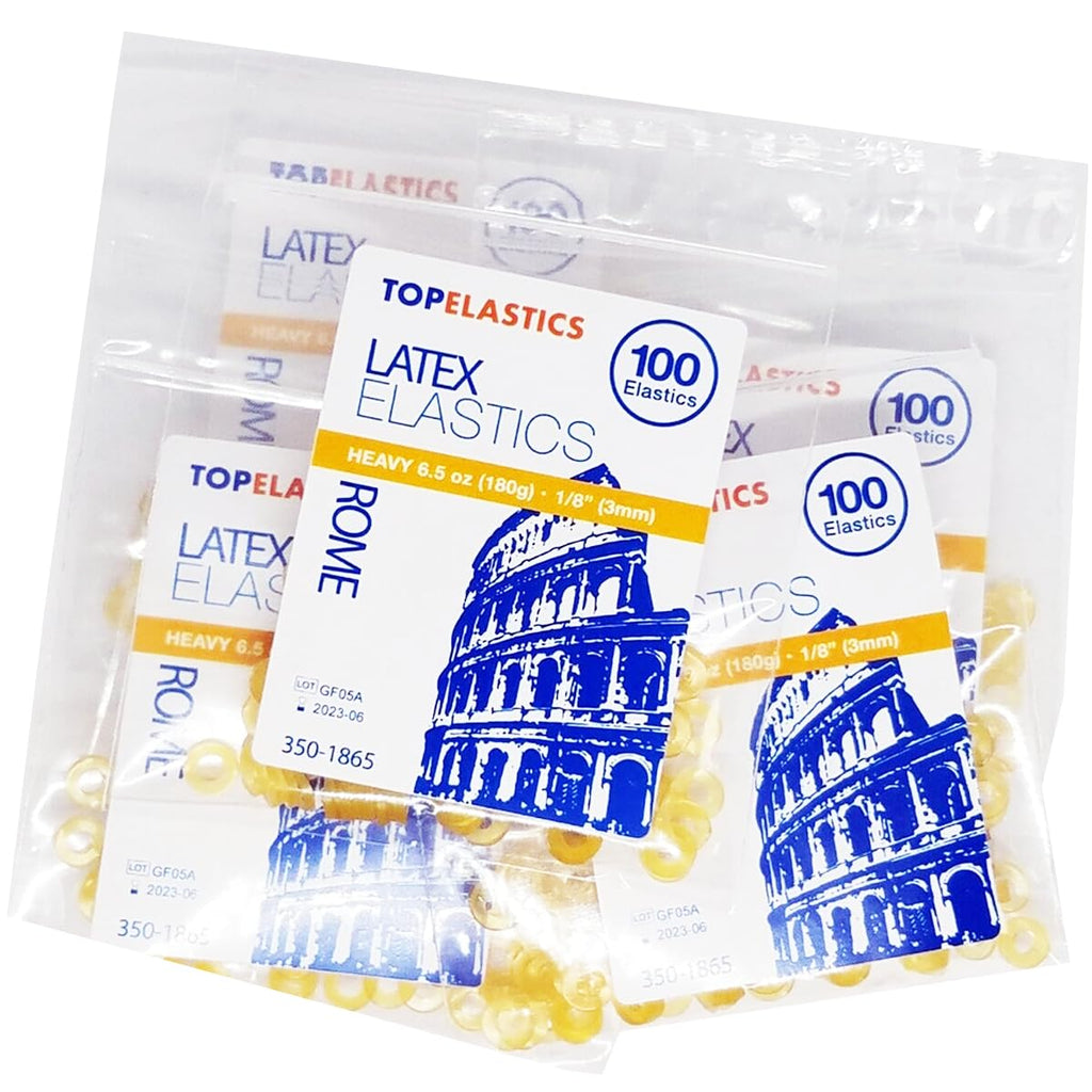Orthodontic Intraoral Elastic - 50 bag x 100pcs - 1/8" Heavy 6.5oz - 3mm / Surgical latex ROME, 5000 pcs per box, packaged in resealable poly bags - Made in USA - Orthodentalusa Corp.