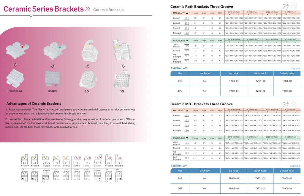 3G Ceramic Brackets Roth .022 with Hooks 3-4-5 – 20 Pieces